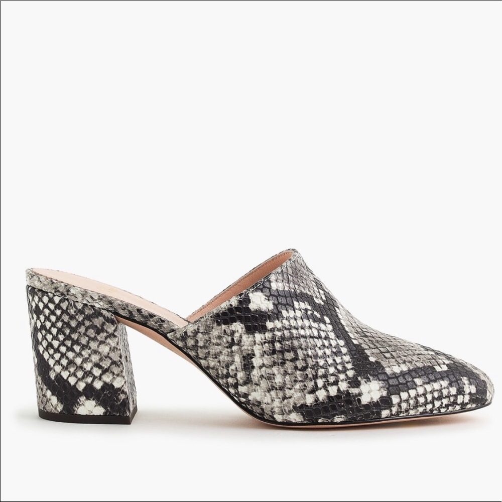 J Crew High block-heel mules in faux snakeskin
